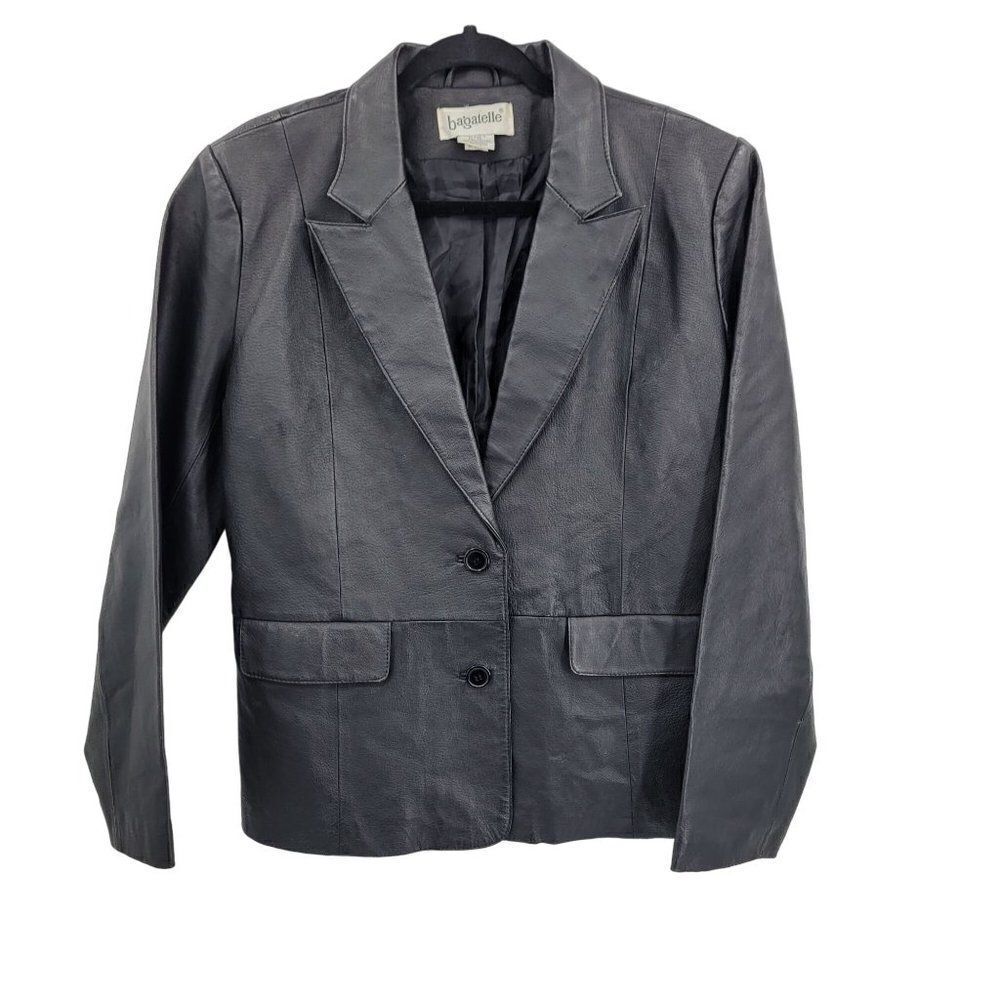 Vintage 80s‎ Bagatelle Leather Blazer Coat Jacket 12 Black Single Breasted Glam